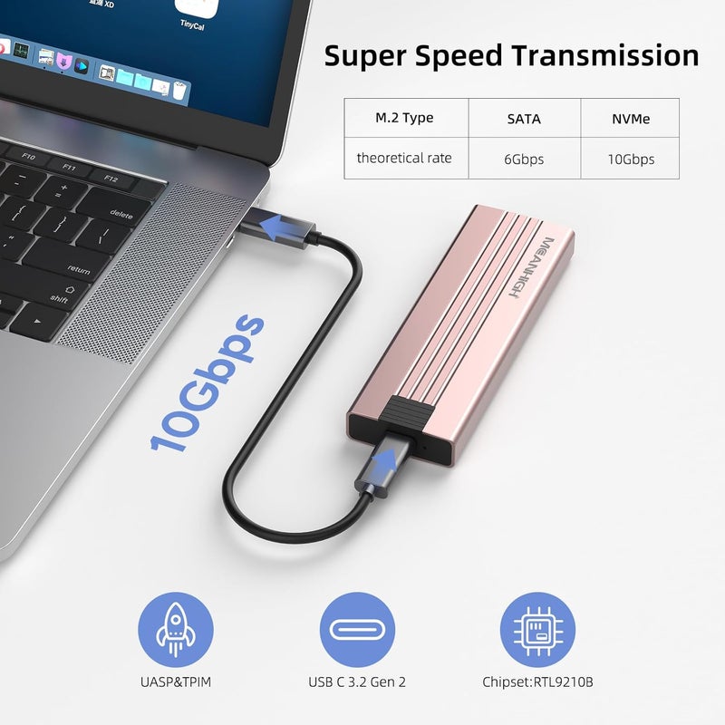 MEANHIGH M.2 NVME SATA SSD Enclosure, Tool-Free USB 3.2 Gen 2 10Gbps NVME to USB Adapter, Supports M and B&M Keys External Solid State Drive Case for Size 2242/2260/2280(up to 8TB) - Image 3
